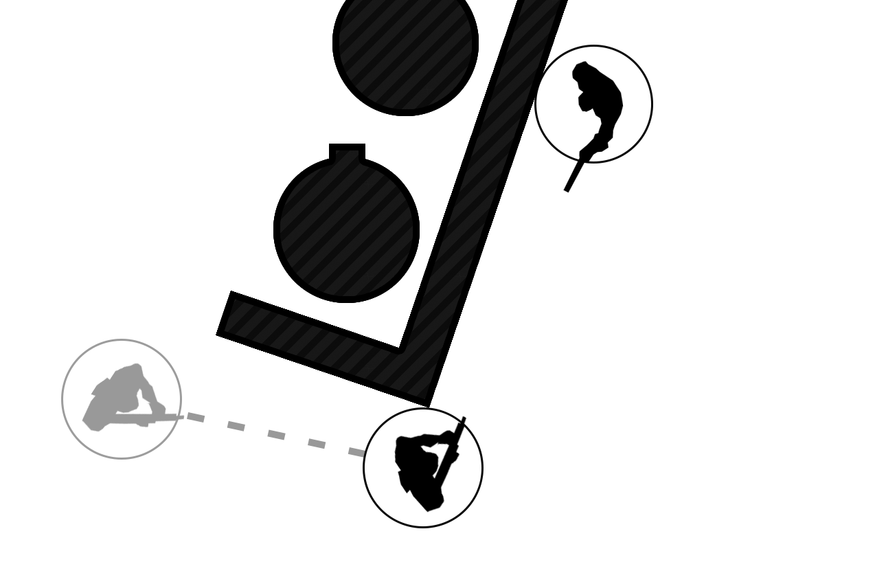 Top down view of a model moving into line of sight.